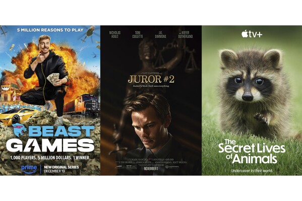 This combination of images shows promotional art for the series "Beast Games," from left, the film "Juror #2," and "The Secret Lives of Animals." (Prime/Warner Bros./Apple TV+ via AP)