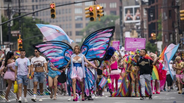 Revelers march during the NYC pride parade on Sunday, June 25, 2023, in New York. (AP Photo/Eduardo Munoz Alvarez)