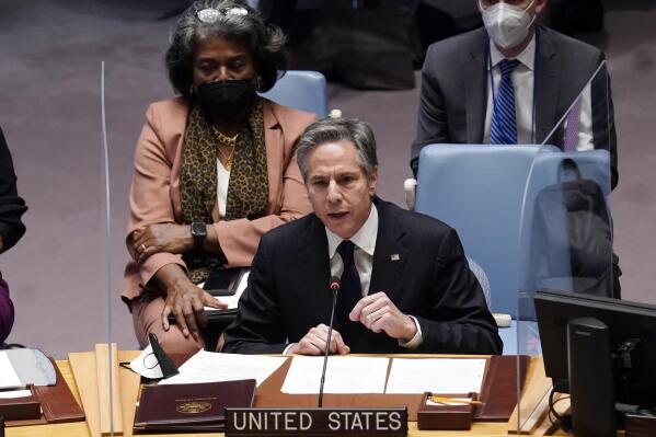 U.S. Secretary of State Antony Blinken addresses the United Nations Security Council, Thursday, Feb. 17, 2022. U.S. Ambassador Linda Thomas-Greenfield is seated, background left. (AP Photo/Richard Drew)