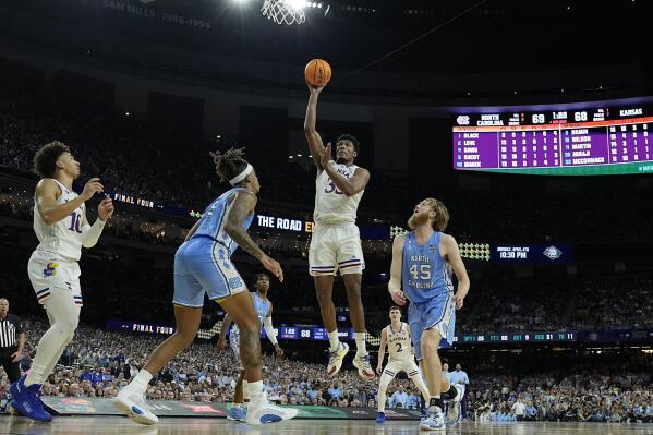 Kansas forward David McCormack (33) shoots against North Carolina during the second half of a college basketball game in the finals of the Men's Final Four NCAA tournament, Monday, April 4, 2022, in New Orleans. (AP Photo/Brynn Anderson)