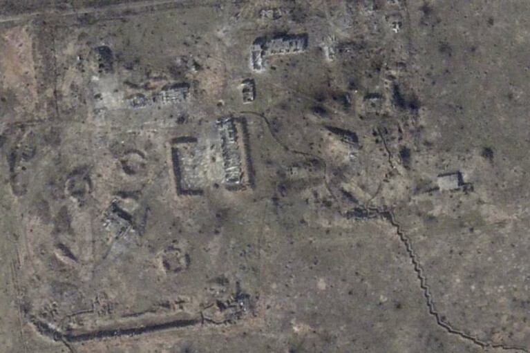 This satellite image from Feb. 26, 2024 shows the Ukrainian "Zenith" position in Avdiivka, Ukraine. The loss of the city of Avdiivka in February, 2024 marked the end of a long, exhausting defense for the Ukrainian military. One brigade had defended the same block of buildings for months without a break. (Planet Labs via AP)