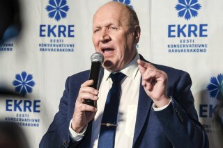 FILE - In this Monday, March 4, 2019 file photo, Chairman of the Estonian Conservative People's Party (EKRE) Mart Helme speaks at the headquarters after parliamentary elections in Tallinn, Estonia. Estonia’s far-right interior minister, Mart Helme, resigned Monday Nov. 9, 2020, a day after he called President-elect Joe Biden and his son Hunter “corrupt characters” without providing further details or evidence. (AP Photo/Tanel Meos, file)