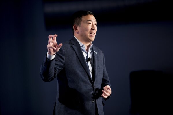 Democratic presidential candidate Andrew Yang speaks at "We The People 2020: Protecting Our Democracy After Citizens United," at Curate, Sunday, Jan. 19, 2020, in Des Moines, Iowa. (AP Photo/Andrew...