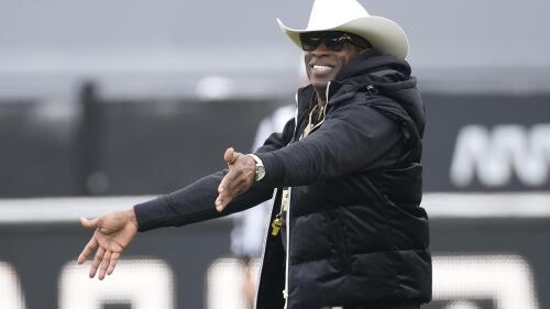 FILE - Colorado head coach Deion Sanders gestures in the first half of the team's spring practice NCAA college football game Saturday, April 22, 2023, in Boulder, Colo. The spring transfer window for college football players closed with 43 scholarship players -- the equivalent of half a roster -- from coach Deion Sanders' Colorado program having entered the portal since the spring game was played on April 15. (AP Photo/David Zalubowski, File)