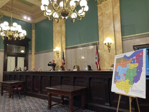 FILE—Members of the Ohio Senate Government Oversight Committee hear testimony on one of the new map of state congressional districts in this file photo from, Nov. 16, 2021, at the Ohio Statehouse in Columbus, Ohio. Accusations have flown for months over whose delays are most to blame for Ohio's redistricting predicament, a mess of a political mapmaking fight that's left the state with unsettled political boundaries and no date for its Statehouse primaries. (AP Photo/Julie Carr Smyth)