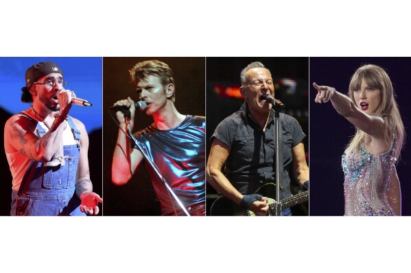 تُظهر هذه المجموعة من الصور Bad Bunny، من اليسار إلى اليمين، وDavid Bowie، وBruce Springsteen، وTaylor Swift.  (صورة ا ف ب)