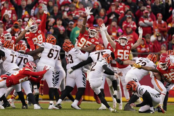 Cincinnati Bengals kicker Evan McPherson (2) kicks a 31-yard field goal during overtime in the AFC championship NFL football game against the Kansas City Chiefs, Sunday, Jan. 30, 2022, in Kansas City, Mo. The Bengals won 27-24. (AP Photo/Charlie Riedel)