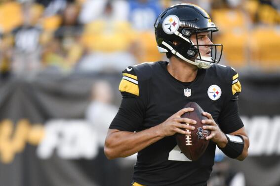FILE - Pittsburgh Steelers quarterback Mason Rudolph (2) looks to pass against the Detroit Lions during the second half of an NFL preseason football game on Aug. 28, 2022, in Pittsburgh. Rudolph is in the mix to start on Sunday, Dec. 18, at Carolina with starting QB Kenny Pickett in the concussion protocol. Rudolph has been inactive all season while working with the third string behind Pickett and Mitch Trubisky. (AP Photo/Don Wright, File)