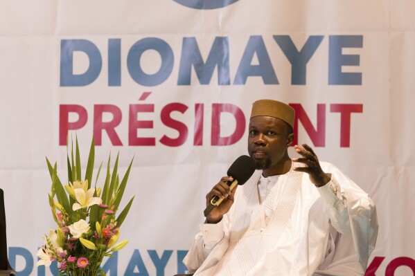 Senegal's opposition leader Ousmane Sonko adresses supporters in Dakar, Senegal, Thursday, March 14, 2024. Sonko was released from prison earlier in the day. (AP Photo/Sylvain Cherkaoui)