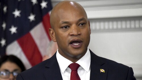 Governor Wes Moore is joined by public safety officials and others to announce the state's plans for public safety initiatives and investments during a news conference this morning at the State House in Annapolis, Md., Thursday, June 15, 2023. (Barbara Haddock Taylor/Baltimore Sun via AP)