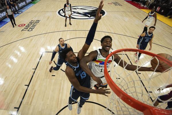 Minnesota Timberwolves guard Anthony Edwards (1) goes up for a shot while defended by Memphis Grizzlies forward Jaren Jackson Jr. (13) during the first half of an NBA basketball game, Friday, Jan. 27, 2023, in Minneapolis. (AP Photo/Abbie Parr)