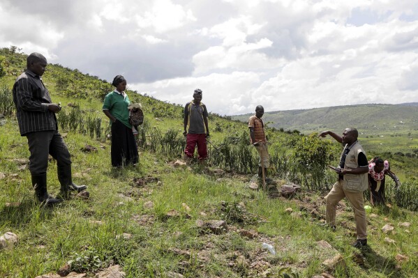 Cleous Bwambale, right, of United Nations High Commissioner for Refugees (UNHCR) talks to members of the Nakivale Green Environment Association during a field visit at Nakivale Refugee Settlement in Mbarara, Uganda, on Dec. 5 2023. Refugees are helping to plant thousands of seedlings in hopes of reforesting the area. (AP Photo/Hajarah Nalwadda)