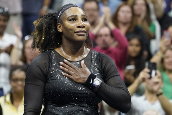 FILE - Serena Williams acknowledges the crowd after losing to Ajla Tomljanovic, of Austrailia, during the third round of the U.S. Open tennis championships, Friday, Sept. 2, 2022, in New York. Williams played in her last tournament at the 2022 U.S. Open. This year’s tournament begins at Flushing Meadows on Aug. 28. (AP Photo/John Minchillo, File)