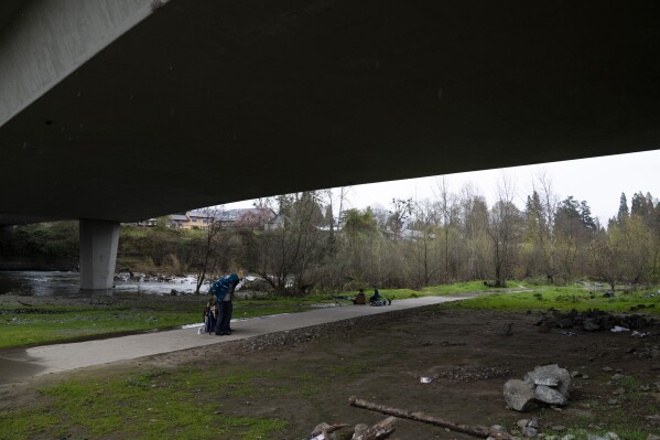 A homeless person adjusts the jacket after receiving it from another under Redwood Highway near Baker Park, March 22, 2024, in Grants Pass, Ore. (AP Photo/Jenny Kane, File)