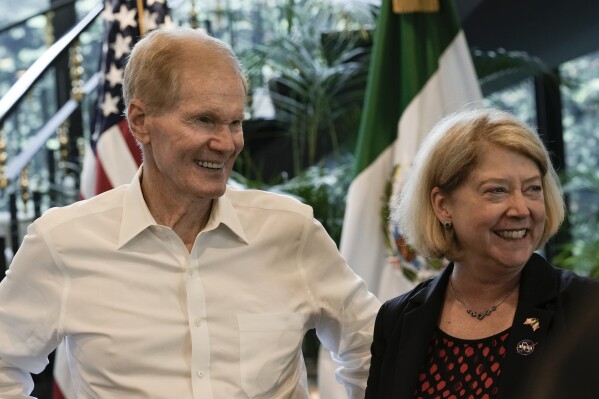 NASA Administrator Bill Nelson and Deputy Administrator Pamela Melroy attend a press conference at the U.S. ambassador's residence, in Mexico City, Tuesday, April 23, 2024. Nelson and Melroy, both former astronauts, spent two hours chatting with President Andrés Manuel López Obrador Tuesday. (AP Photo/Marco Ugarte)