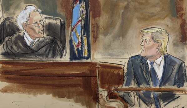 In this courtroom sketch, Judge Arthur Engoron questions former President Donald Trump on the witness stand in New York Supreme Court, Wednesday, Oct. 25, 2023, in New York. (Elizabeth Williams via AP, File)
