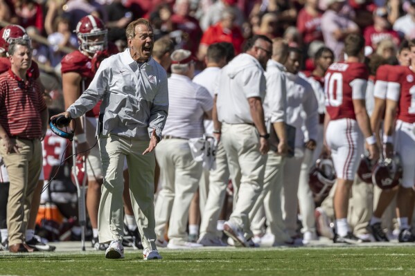 Alabama head coach Nick Saban gets animated on the team's final drive during the second half of an NCAA college football game against Arkansas, Saturday, Oct. 14, 2023, in Tuscaloosa, Ala. (AP Photo/Vasha Hunt)