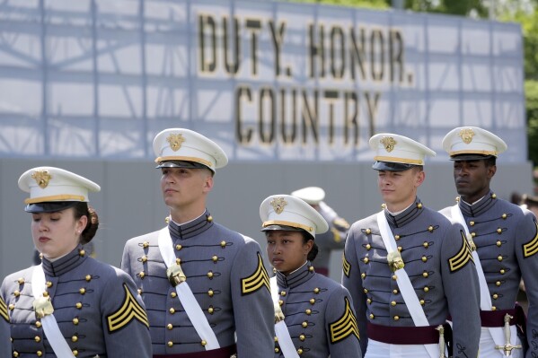 Graduating cadets wait to receive diplomas at the U.S. Military Academy commencement ceremony, Saturday, May 25, 2024, in West Point, N.Y. (AP Photo/Alex Brandon)