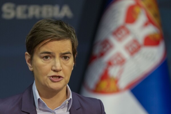 Serbian outgoing Prime Minister Ana Brnabic speaks during a press conference in Belgrade, Serbia, Wednesday, Feb. 28, 2024. The final international report about a tense early vote last December in Serbia concluded on Wednesday that the election was held in unjust conditions and "marred by harsh rhetoric, bias in the media, pressure on public sector employees and misuse of public resources." Outgoing Prime Minister Ana Brnabic on Wednesday accused opposition groups and independent media of creating a "false narrative" about the alleged election fraud with an aim to destabilize the country. (AP Photo/Darko Vojinovic)