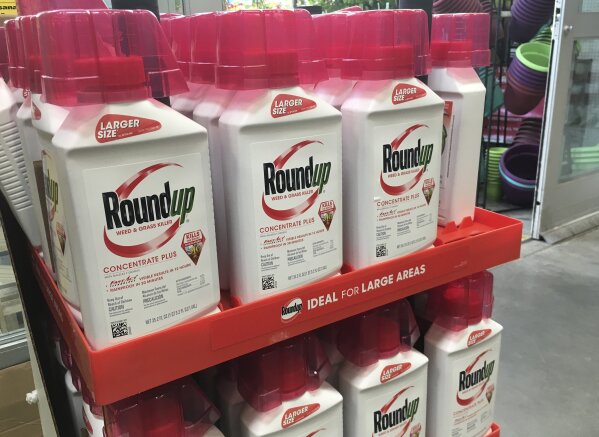 FILE - In this, Feb. 24, 2019, file photo, containers of Roundup are displayed at a store in San Francisco. German pharmaceutical company Bayer announced Wednesday, June 24, 2020, it’s paying up to $10.9 billion to settle a lawsuit over subsidiary Monsanto’s weedkiller Roundup, which has faced numerous lawsuits over claims it causes cancer.  (AP Photo/Haven Daley, File)