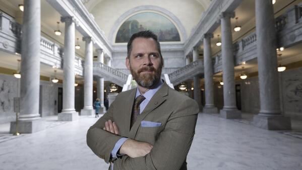 Republican Utah state Sen. Jacob Anderegg poses for a portrait at the Utah State Capitol on, Feb. 27, 2020, in Salt Lake City. An investigation by the Associated Press has found that China and its U.S.-based advocates spent years building relationships with the Utah's officials and lawmakers (AP Photo/Rick Bowmer)