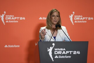 WNBA commissioner Cathy Engelbert speaks to the media before the WNBA basketball draft on Monday, April 15, 2024, in New York. (AP Photo/Adam Hunger)