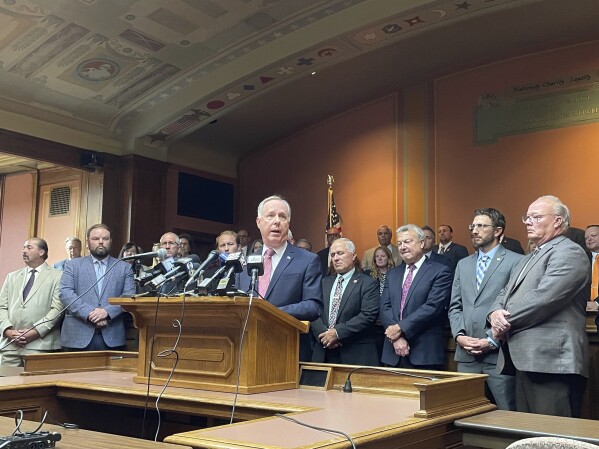 FILE - Republican Wisconsin Assembly Speaker Robin Vos announces plans to create a nonpartisan redistricting process in the battleground state ahead of the 2024 election on Tuesday, Sept. 12, 2023, in Madison, Wis. The move preempts a ruling on redistricting cases by the state Supreme Court's new liberal majority. In North Carolina and Wisconsin, Republicans are trying to seize power over elections and redistricting. Both states are evenly divided political battlegrounds where the GOP controls an outsized number of seats in the state legislature. (AP Photo/Harm Venhuizen, File)