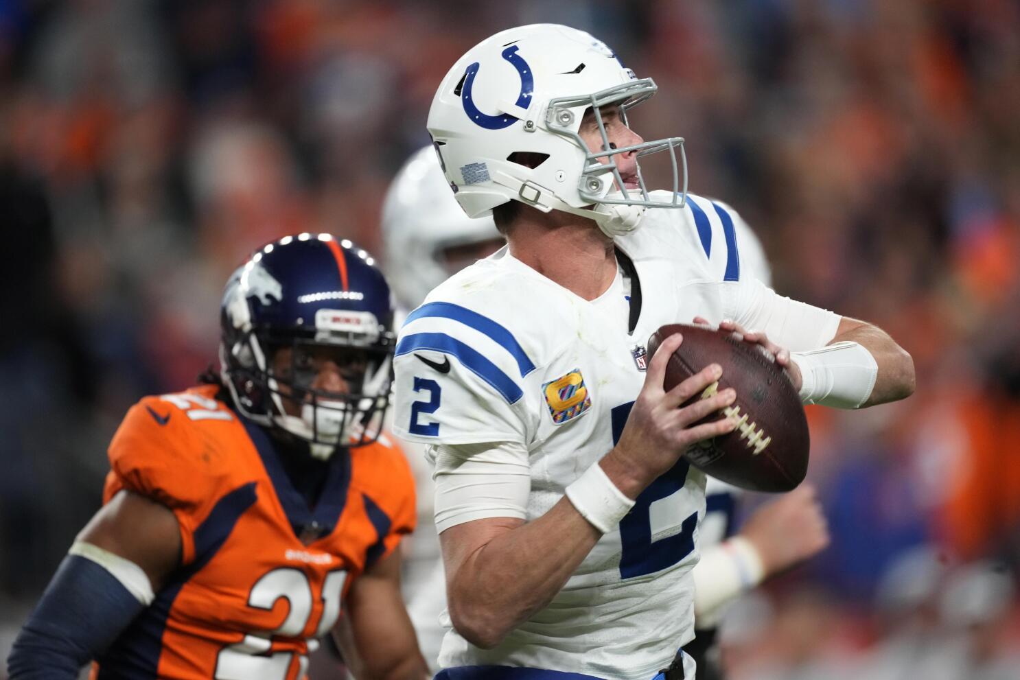 Indianapolis Colts quarterback Matt Ryan is sacked by Denver Broncos  linebacker Baron Browning, right, during the second half of an NFL football  game, Thursday, Oct. 6, 2022, in Denver. (AP Photo/Jack Dempsey