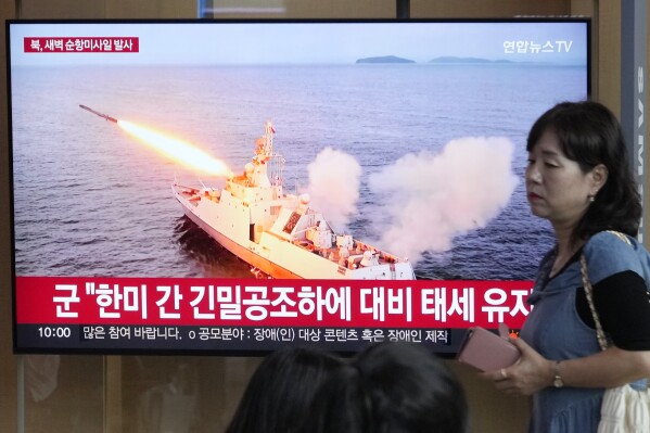 A TV screen shows a file image of North Korea's missile launch during a news program at the Seoul Railway Station in Seoul, South Korea, Saturday, Sept. 2, 2023. (AP Photo/Ahn Young-joon)