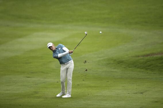 Denmark's Rasmus Hojgaard plays off the 16th fairway during day two of the British Masters at The Belfry, Sutton Coldfield, England, Thursday May 13, 2021. (Tim Goode/PA via AP)