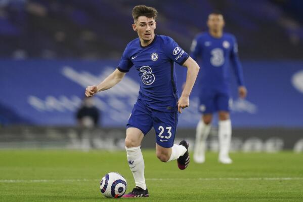 Chelsea's Billy Gilmour controls the ball during the English Premier League soccer match between Chelsea and Arsenal at Stamford Bridge stadium in London, England, Wednesday, May 12, 2021. (Adam Davy, Pool via AP)