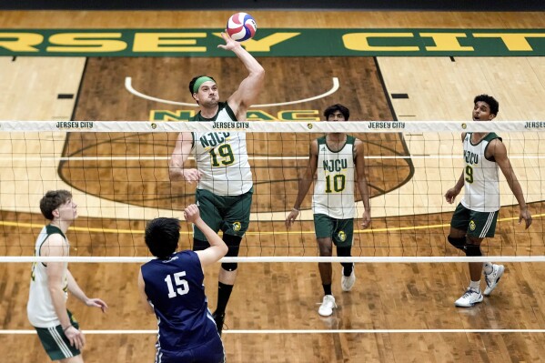 Damon LaSalle (19) blocks against University of Mount Saint Vincent's Yi Wang (15) during a men's NCAA Division III college volleyball game, Wednesday, March 5, 2025, at New Jersey City University in Jersey City, N.J. (AP Photo/Julia Demaree Nikhinson)