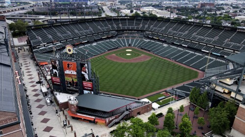 FILE - A general aerial view of Oriole Park at Camden Yards is seen, June 27, 2020, in Baltimore. A Maryland official on a powerful state board says there’s “too much foot-dragging” between the Maryland Stadium Authority and the Baltimore Orioles to renew the team’s lease at Camden Yards. Treasurer Dereck Davis, who is one of three members of the Maryland Board of Public Works, expressed his concerns at the end of a board meeting Wednesday, July 19, 2023. (AP Photo/Julio Cortez, file)