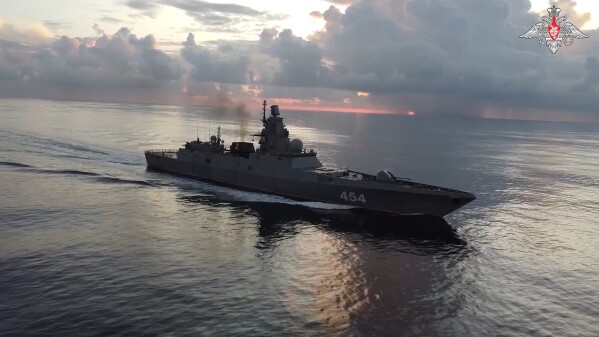 In this photo taken from video released by Russian Defense Ministry Press Service on Tuesday, June 11, 2024, the Russian navy's Admiral Gorshkov frigate is seen en route to Cuba. The Russian Defense Ministry said that the Admiral Gorshkov and the Kazan nuclear submarine held drills in the Atlantic simulating a missile strike on a group of enemy ships as they headed on a visit to Cuba. (Russian Defense Ministry Press Service photo via AP)