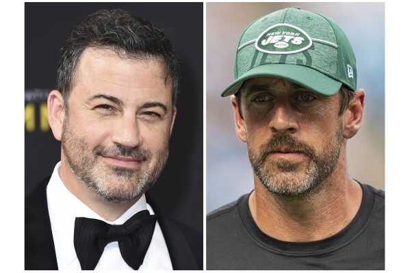 FILE - Jimmy Kimmel, left, is shown in a Sept. 14, 2019, file photo, in Los Angeles. New York Jets quarterback Aaron Rodgers, right, is shown in Aug. 12, 2023, file photo, in Charlotte, N.C. Rodgers, on Tuesday, Jan 9, 2024, denied he implied Kimmel was a pedophile and condemned those who do, but he stopped short of apologizing for his role in escalating their burgeoning feud.(Photo by Jordan Strauss/Invision for the Television Academy/AP Images, left, AP Photo/Jacob Kupferman)