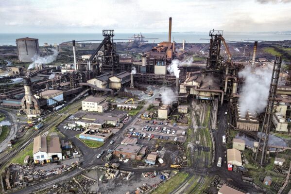 A general view of Tata Steel's Port Talbot steelworks in south Wales where workers are facing huge job losses following an expected announcement by the Government about a deal to decarbonise the company's UK operations, on Friday Sept. 15, 2023. (Ben Birchall/PA via AP)