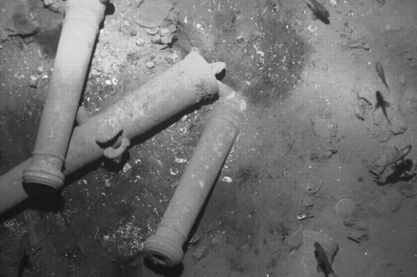 FILE - This undated photo taken by Colombia's Anthropology and History Institute and distributed by Colombia's Ministry of Culture, shows sunken remains from the Spanish galleon San Jose, on the sea floor off Cartagena, Colombia. Colombia鈥檚 government announced Friday, Feb. 23, 2024, an underwater exploration to explore objects from the mythical galleon San Jos茅, sunk in the 18th century in the country鈥檚 northern Caribbean and believed to contain cargo valued at billions of dollars. (Colombia's Anthropology and History Institute via AP Photo, File)