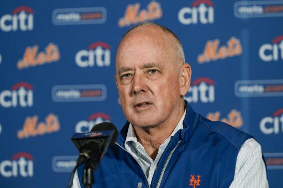 FILE - New York Mets president Sandy Alderson speaks during a news conference before the team's baseball game against the Miami Marlins on Sept. 29, 2021, in New York. Alderson will step down as president of the Mets when the team finds his replacement. The 74-year-old Alderson, a cancer survivor who has served two stints as New York's general manager, will move to a new role as special advisor to owners Steve and Alex Cohen and the senior leadership team. (AP Photo/Frank Franklin II, File)