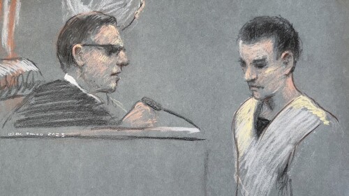 FILE - This artist depiction shows Massachusetts Air National Guardsman Jack Teixeira, right, appearing in U.S. District Court in Boston, April 14, 2023. Teixeira, who is accused of leaking secret military papers, on Monday, July 17, challenged a judge's decision that he remain behind bars, pointing to the pretrial release of former President Donald Trump and others charged in high-profile classified documents cases. (Margaret Small via AP, File)