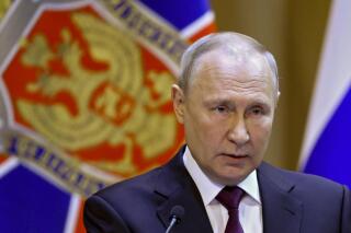 Russian President Vladimir Putin delivers his speech during a meeting of the Federal Security Service (FSB) board in Moscow, Russia, Tuesday, Feb. 28, 2023. (Gavriil Grigorov, Sputnik, Kremlin Pool Photo via AP)