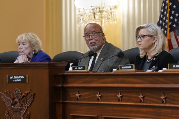 FILE - House Jan. 6 Select Committee Chairman Bennie Thompson, D-Miss., center, flanked by Rep. Zoe Lofgren, D-Calif., left, and Vice Chair Liz Cheney, R-Wyo., meet Dec. 1, 2021, at the Capitol in Washington. The House panel says it has “no choice” but to move forward with contempt charges against former Trump White House chief of staff Mark Meadows.  (AP Photo/J. Scott Applewhite, File)
