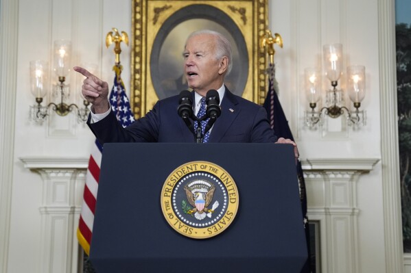 President Joe Biden speaks in the Diplomatic Reception Room of the White House, Thursday, Feb. 8, 2024, in Washington. (AP Photo/Evan Vucci)
