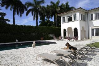 German Shepherd Gunther VI sits by the pool at a house formally owned by pop star Madonna, Monday, Nov. 15, 2021, in Miami. Gunther VI inherited his vast fortune, including the 9-bedroom waterfront home once owned by the Material Girl from his grandfather Gunther IV. The estate, purchased 20 years ago from the pop star, was listed for sale Wednesday. (AP Photo/Lynne Sladky)
