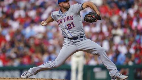 New York Mets starting pitcher Max Scherzer delivers during the third inning of a baseball game against the Philadelphia Phillies, Saturday, June 24, 2023, in Philadelphia. (AP Photo/Chris Szagola)