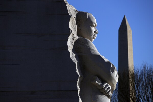 FILE - The Martin Luther King, Jr. Memorial with the Washington Monument in the background on Jan. 21, 2019, in Washington. In a nod to Martin Luther King's historic 1963 March on Washington, several Muslim American groups have organized what they are calling a "March on Washington for Gaza" to call for a ceasefire in the region. (AP Photo/Jacquelyn Martin, File)