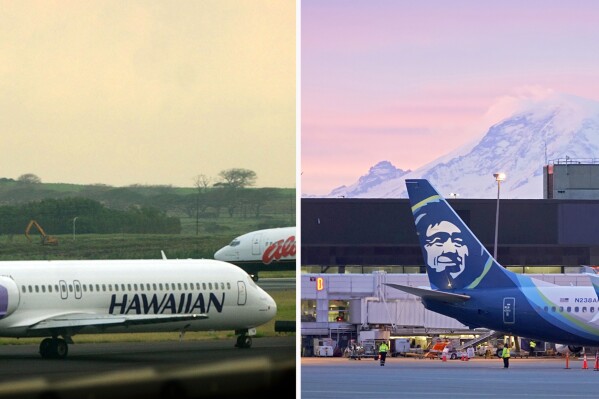 This combination of photos shows a Hawaiian Airlines plane at Kahalui, Hawaii, March 24, 2005, left, and Alaska Airlines planes March 1, 2021, in Seattle. Alaska Airlines announced Sunday, Dec. 3, 2023, that it will buy Hawaiian Airlines for $1.9 billion. That's raising questions about how antitrust regulators will view the deal, and whether past airline mergers have hurt consumers. (APPhoto/Lucy Pemoni, Ted S. Warren)