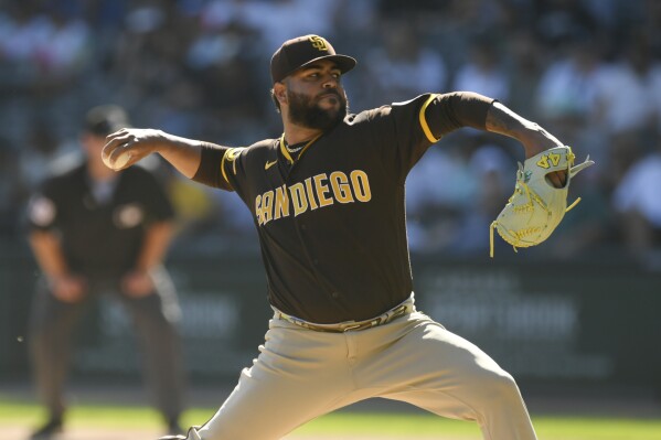 San Diego Padres starter Pedro Avila delivers a pitch during the first inning of a baseball game against the Chicago White Sox, Sunday, Oct. 1, 2023, in Chicago. (AP Photo/Paul Beaty)