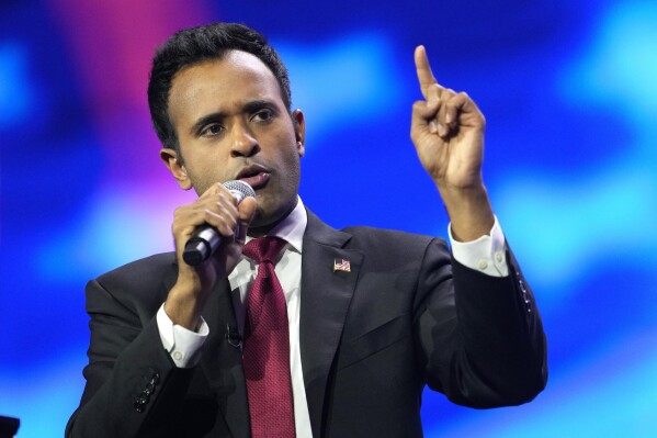 FILE - Republican presidential candidate Vivek Ramaswamy speaks during the Turning Point Action conference, July 15, 2023, in West Palm Beach, Fla.Ramaswamy is slated to headline a GOP fundraiser in South Carolina as he returns to campaigning in the first-in-the-South primary state. (AP Photo/Lynne Sladky, File)