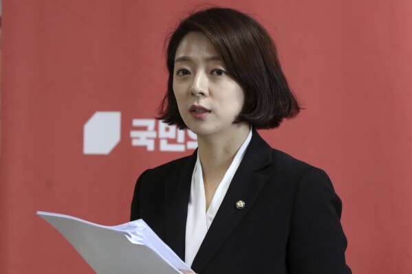 People Power Party lawmaker Bae Hyunjin speaks at the National Assembly in Seoul, South Korea, on May 31, 2023. South Korean police say a governing party lawmaker is being treated at a Seoul hospital after being attacked by an unidentified man who struck her head with a rock-like object. (Go Bum-joon/Newsis via AP)