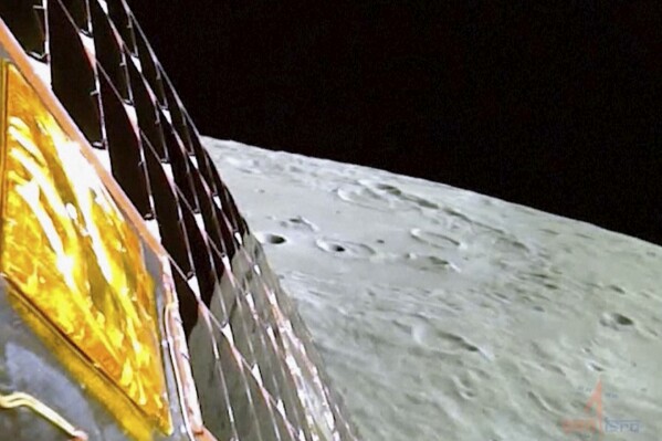 This image from video provided by the Indian Space Research Organisation shows the surface of the moon as the Chandrayaan-3 spacecraft prepares for landing on Wednesday, Aug. 23, 2023. India became the first country to land a spacecraft near the moon’s south pole, which scientists believe could hold vital reserves of frozen water. (ISRO via AP)